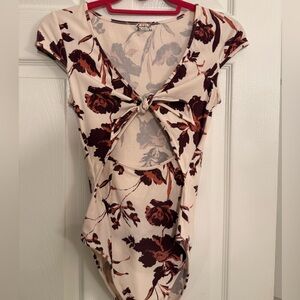 Free People Cream and Brown Floral Tie-Front Bodysuit